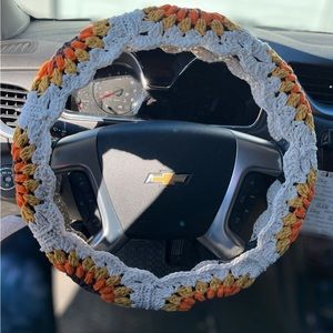 New! Handmade 100% Cotton Sunflower Steering Wheel Cover Crochet Granny Square